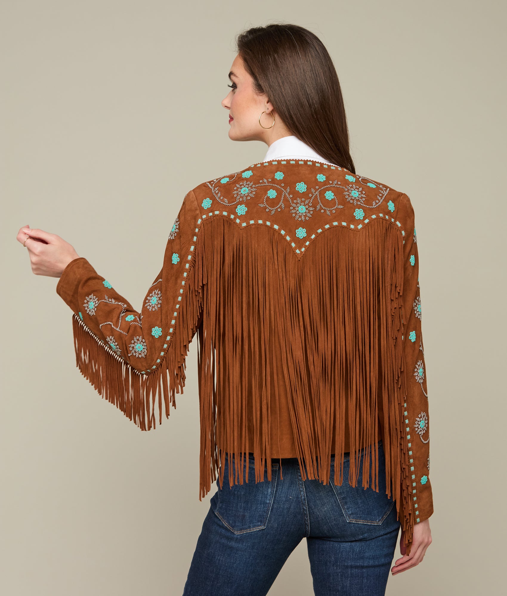 Ellie Beaded Fringe Jacket :: Brown - Image 6